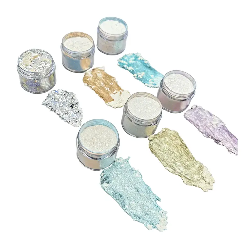 Silver Fantasy -läpinäkyvät väriä muuttavat pigmentit Highlighter-jauheeseen ja -voiteen